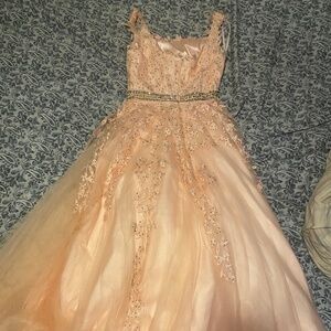 Blush Pink Tulle Ball Gown Dress w/ Lace Appliqué & Beaded Waist – Formal/Prom